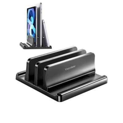 Immagine di VAYDEER supporto verticale per computer portatile regolabile e salvaspazio, laptop 4 in 1 con 2 slot, compatibile MacBook, notebook, iPad, fino a 17,3 pollici nero.