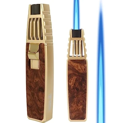 Immagine di torcia a butano, per saldatura, stile fibra di carbonio, da cucina ricaricabile, antivento fiamma regolabile, soffio cuocere la creme brulee (Mogano)