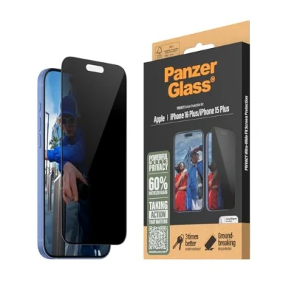 Immagine di PanzerGlass Pellicola Protettiva Privacy per iPhone 16 Plus in Vetro Temperato, Resistenza extra ai Graffi e urti, Rivestimento Anti Macchie, applicazione facile