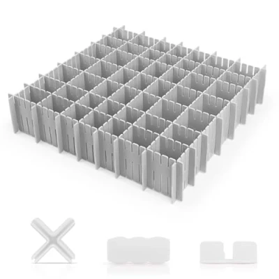 Immagine di Separatori per Cassetti, 16 Pezzi Divisori Cassetti Regolabili 32x7cm, Organizzatore in Plastica, con 18pcs Accessori di Fissaggio Ufficio, Cucina o Camera da Letto (Grigio)