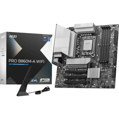 Immagine di MSI PRO B860M A WIFI Scheda Madre, mATX Supporta i processori Intel Core Ultra (Serie 2), LGA 1851 12 DRPS, DDR5 Memory Boost (8600+ MT/s OC), PCIe 5.0 x16 e 4.0 x16, M.2 Gen5, Wi Fi 7, 5G LAN