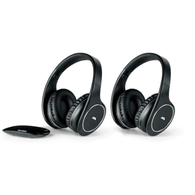 Immagine di Meliconi HP Easy Digital Bundle, 2 cuffie TV stereo wireless, 100% digitali, con ingresso audio analogico/digitale e base trasmettitore dimensionale nero, Wireless Duo