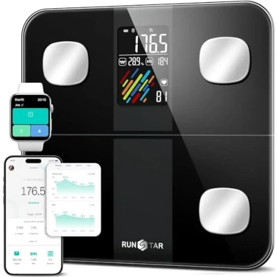 Immagine di Runstar bilancia intelligente per peso corporeo e percentuale di grasso, digitale da bagno ad alta precisione con ampio display BMI frequenza cardiaca 15 Analizzatore composizione