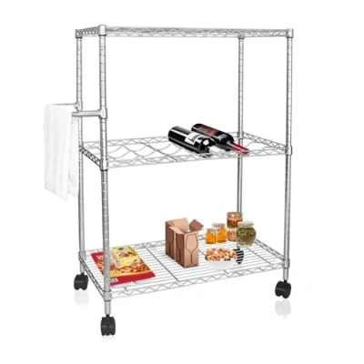 Immagine di casa pura Carrellino Salvaspazio Cucina Carrello Portavivande e Portabottiglie in Metallo Scaffale Metallicon Mobile con 3 Ripiani Grigliati, 1 Maniglia