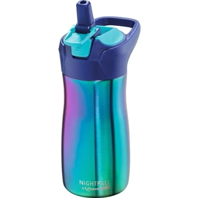Immagine di Maped Bottiglia d&#039;acqua Collezione Nightfall in acciaio inossidabile da 430 ml Colore blu Facile aprire con pulsante di blocco Include un manico pulizia semplice, 871299