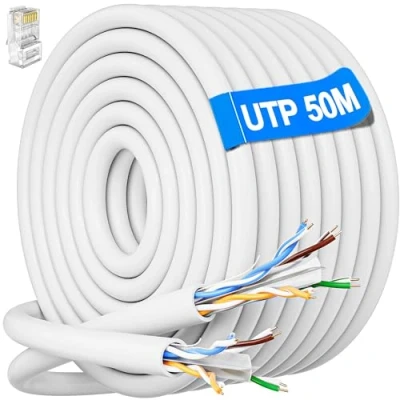 Immagine di Cavo Ethernet 50 Metri, Cat 6 Bobina Lan per Esterno Non Schermata di Rete Cross 50m Molto Lungo Filo UTP AWG23 Gigabit Internet Alta Velocità Patch Bianca