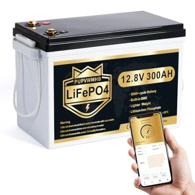 Immagine di PUPVWMHB batteria al litio Mini LiFePO4, 12 V, 300 Ah, Bluetooth, 200 A, BMS, fino a 15.000 cicli, max. 3840 Wh di energia con taglio bassa temperatura, perfetta per RV, Solare,