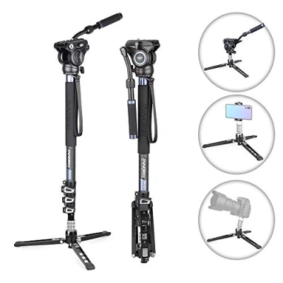 Immagine di Monopiede, INNOREL VM70CK Monopiede Professionale in Fibra di Carbonio con Testa Fluida Alluminio CNC e Base per Treppiede a 3 Gambe Creazione Contenuti Video Vlogging, Max Carico 6kg