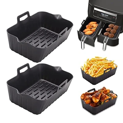 Immagine di Alyvisun 2 Pezzi Teglie Friggitrice ad Aria Riutilizzabili, Contenitori Silicone Doppio Cestello Accessori per Air Fryer, Forno, Microonde Nero 17.5 x 12 6 cm