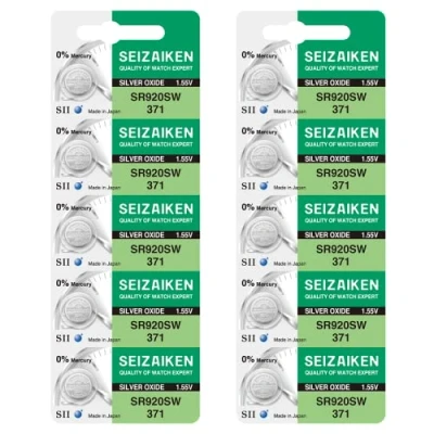 Immagine di Seizaiken Seiko 371 SR920SW Batteria per orologio all&#039;ossido di argento, 1,55 V, 0% Hg (10 batterie), prodotta in Giappone