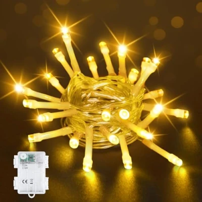 Immagine di Bowfar Ghirlanda di luci a batteria, 2 m, 20 LED, luce bianca calda, funzionamento con timer 6 ore, impermeabile IP65, natalizie per barattoli, giardini, interni ed esterni,