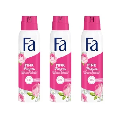 Immagine di Fa deodorante spray Pink Passion (3 x 150 ml), con il dolce profumo di rosa rosa, senza alluminio per una protezione fino a 48 ore, non lascia residui sui vestiti