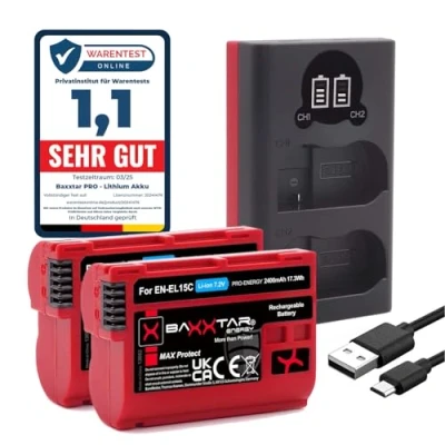 Immagine di Baxxtar MaxProtect EN EL15c batteria Per fotocamera 2x (2400mAh) sensore NTC attivo, alloggiamento V1 caricatore LCD Mini USB 18522 Z8 Z7 II Z6 Z5 ecc. (non Zf)