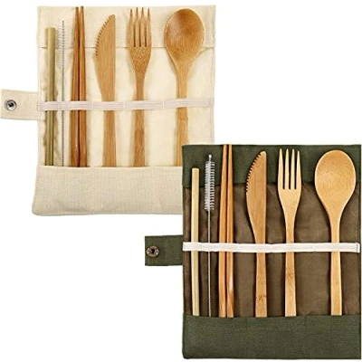 Immagine di Viaggio Utensili 2 Set di Posate Miste Includono Riutilizzabile Coltello Forchetta Cucchiaio Bacchette Cannucce (Beige e Verde)