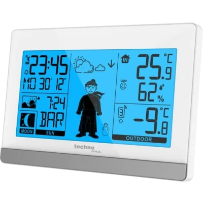 Immagine di Technoline WS9612 in bianco, con temperatura interna ed esterna, previsioni meteo, orologio radio