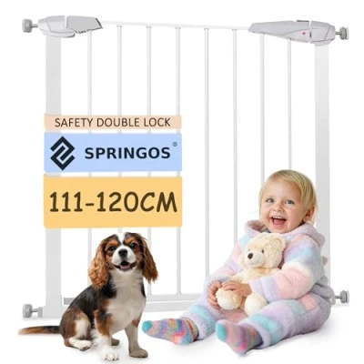 Immagine di SPRINGOS barriera di sicurezza per porte e scale con 2 estensioni, sistema fissaggio. Regolazione: 111 120 cm