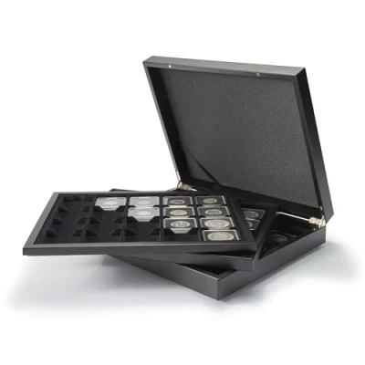 Immagine di Leuchtturm 347919 Cassetta per Monete VOLTERRA DE Luxe 60 Capsule QUADRUM/Portamonete 50 x mm campi Quadrati Nero