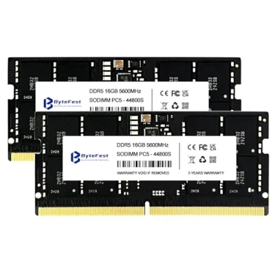 Immagine di ByteFest RAM DDR5 32GB (2x16GB) 5600MHz PC5 44800 CL46 1.1V SODIMM On die ECC 262 Pin Laptop/Notebook Moduli di memoria