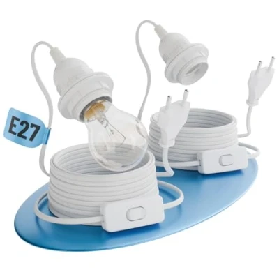 Immagine di greate. Portalampada 2x E27 con interruttore e cavo bianco 5 metri spina max. 60W 250V porta lampada interruttore, cavo, lampade