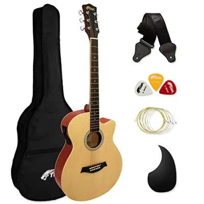 Immagine di TIGER ACG4 NT Chitarra elettroacustica 4/4 misura intera per principianti con equalizzatore a 3 bande integrato La confezione include custodia, tracolla e corde di ricambio Naturale