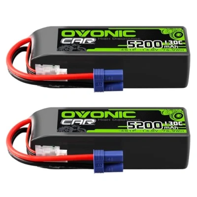 Immagine di OVONIC Batteria Lipo da 4 s, 14,8 V, 5200 mAh, 130 C, con spina EC5, per auto RC, Truggy, quadricottero, elicottero, camion, barca, aereo (2 pezzi)