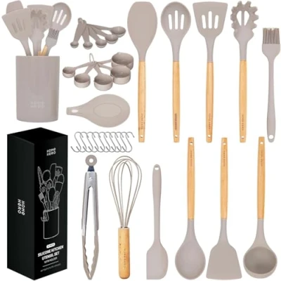 Immagine di Utensili Cucina Set Termoresistenti al Calore e Antiaderente Mestoli Spatola Cucchiaio Frusta Pinze Forbici (33 pezzi Silicone Set)