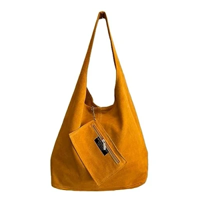 Immagine di Modarno borsa a tracolla da donna in pelle scamosciata pochette, tracolla, shopper, donna, vera (Giallo scuro)