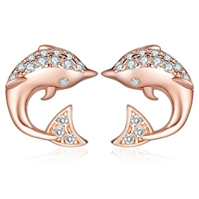 Immagine di Infinite U, orecchini a bottone forma di adorabile delfino in argento sterling 925, con zirconia cubica, per donne e ragazze, oro rosa