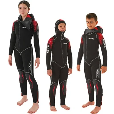 Immagine di SEAC First, Muta da Subacquea Monopezzo con Cappuccio Integrato, per Bambini e Ragazzi, Neoprene 5 mm Unisex Youth, Nero/Rosso, 11 Anni