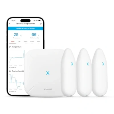 Immagine di X Sense Termometro Igrometro WLAN interno, monitoraggio della temperatura e dell&#039;umidità tramite app, portata di 500 m, esportazione gratuita dei dati, compatibile con Alexa, 3 sensori 1 stazione