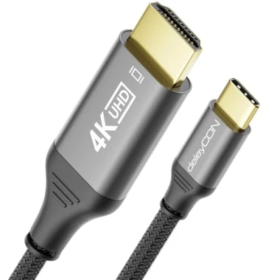 Immagine di deleyCON 1m 4K Cavo USB C a HDMI per Adattatore Monitor/TV/Beamer (4K@60Hz) in Alluminio, Thunderbolt 3/4, iPhone 16,15 Pro Max, MacBook, iPad Pro/Air, Samsung Galaxy S24 S23, Notebook, Tablet