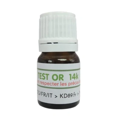Immagine di KD89 Test reattivo/soluzione per testare oro, argento o platino, con istruzioni multi lingue, competenza gioielli, monete, lingottini, 2,5 ml (14 k)
