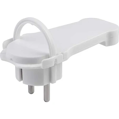Immagine di Meister spina piatta bianca con archetto pieghevole adatto per cavi 1,5 mm2 sezione cavo IP20 interno/protezione contatti angolare extra piatto/spina Schuko/7421070