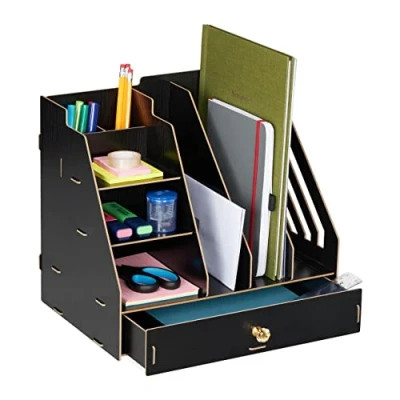 Immagine di Relaxdays Organizer da Scrivania, 3 Cassetti, Ripiani, 2 Portapenne, 1 Cassetto, Ufficio e Scuola, DIY, MDF, Nero
