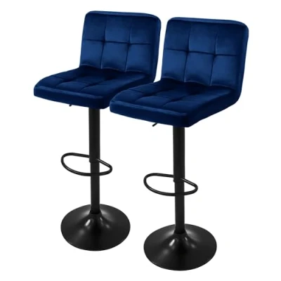 Immagine di ML Design Set di 2 Sgabelli da Bar Rivestimento in Velluto Blu Sedia Bancone Regolabile Altezza 63 83 cm Girevole a 360 Sgabello Alto Cucina Imbottito con Schienale e Poggiapiedi