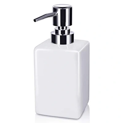Immagine di Dosatore di sapone in ceramica, 320 ml, forma quadrata, stile classico, per cucina, bagno, lavanderia, ricaricabile, le mani, piatti, olio essenziale, lozione, colore bianco