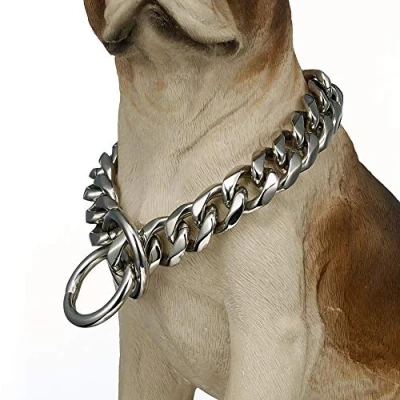 Immagine di Collare per cani a catena cubana resistente di grossa taglia maglie in acciaio extra largo e robusto da 19 mm razze grandi Rottweiler, Pitbull, Mastino, Cane Corso,Argento,28inch/71cm