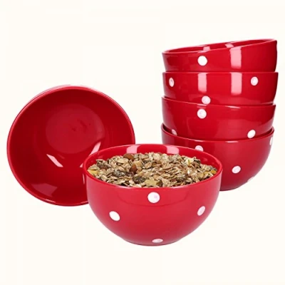 Immagine di Van Well Emily Set di 6 ciotole per cereali a pois, Ø 145 mm, ciotola insalata, in gres porcellanato, colore: Rosso/Bianco
