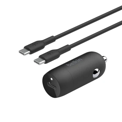 Immagine di Belkin BoostCharge Caricabatteria da auto rapido 30 W, design compatto con porta USB C PD, cavo a incluso, compatibilità universale per iPhone 16, 15, 14, Galaxy S24, S23, Note, iPad
