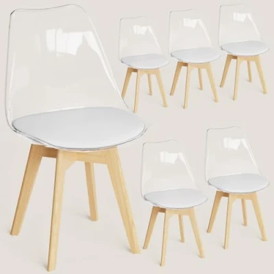 Immagine di FRUOGO Set di 6 sedie da sala pranzo con schienale trasparente e gambe in legno massello faggio, cucina imbottite, comodo cuscino bianco per pranzo, cucina, soggiorno,