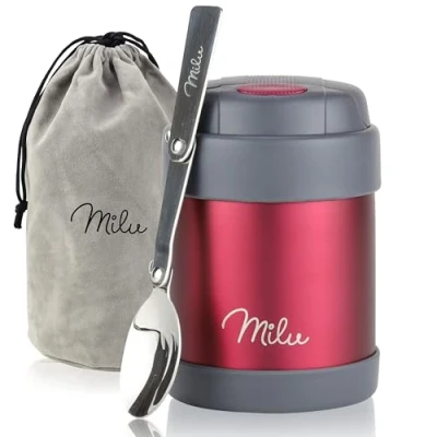 Immagine di Milu Thermo per Alimenti 300ml 440ml 450ml 650ml 800ml I Contenitore Termico di Acciaio Inossidabile, Isotermico Sottovuoto Cibi Caldi e Freddi (Bacca, 300ml)