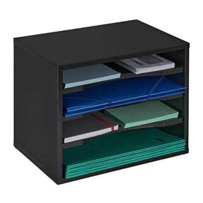 Immagine di Relaxdays Portaoggetti Scrivania Portadocumenti, 4 Scomparti A4, Organizer per Lettere &amp; Documenti, 28x35,5x25 cm, Nero, Truciolato, 1 pz