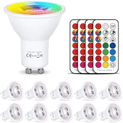 Immagine di Lampadine LED RGB GU10 6W Colorate Cambia Dimmerabile Faretti con telecomando, 12 Colori + Bianco Caldo 2700K, 540LM, AC85 265V, per applique, plafoniera, plafoniera da incasso (10 Pezzi)