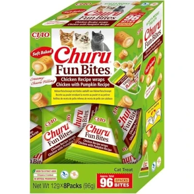 Immagine di INABA Churu Fun Bites Snack per Gatti, Bocconcini di Pollo con Cuore Zucca 8 Pack x 12gr Morbido e Cremoso Cibo Gatti Senza Conservanti o Coloranti Artificiali, Grain Free