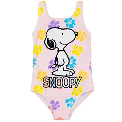 Immagine di Peanuts Snoopy Costume da Bagno per Ragazze Bambini Animato Beagle Cane Blu Giallo Viola Fiore Floreale Tutto in Uno Rosa By Schulz Merchandise