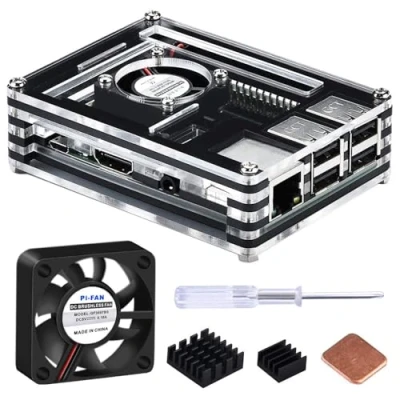 Immagine di GeeekPi custodia in acrilico per Raspberry Pi 3 Modello B, 3B+, con ventola, a 9 strati B+, 3/2 B (nero e trasparente)