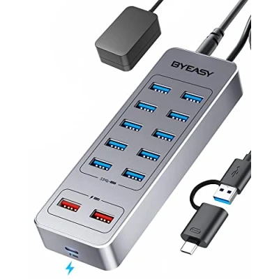 Immagine di BYEASY Hub USB Powered, 13 porte 3.0 Data con 10 3.0, 2 di ricarica A e 1 porta C, splitter alimentato adattatore 12 V3 per laptop, tablet