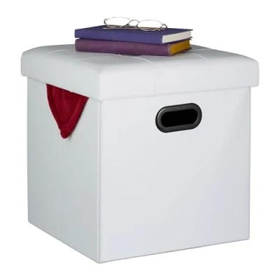 Immagine di Relaxdays Pouf Contenitore, Sgabello Pieghevole Pelle Finta, Poggiapiedi Imbottito con Coperchio, HLP 39x37x37cm, Bianco