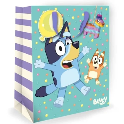Immagine di borsa regalo Bluey, perfetta per i fan di Bluey The Australian Heeler qualsiasi età, compleanno, licenza ufficiale e risorse responsabili, dimensioni 33 x 26 13,5 cm, multicolore