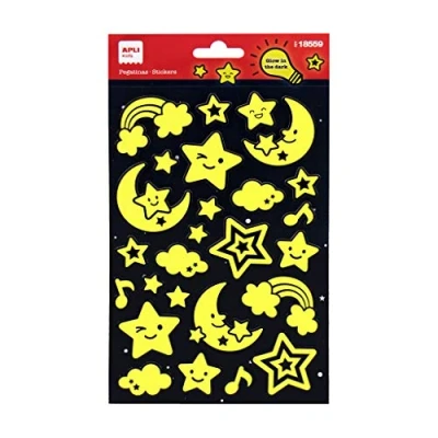 Immagine di APLI Kids Stars 18559 Adesivi con Finitura luminescente Modello Luna e Stelle, brillano al Buio. Include 1 Foglio 26 permanenti, Multicolore,